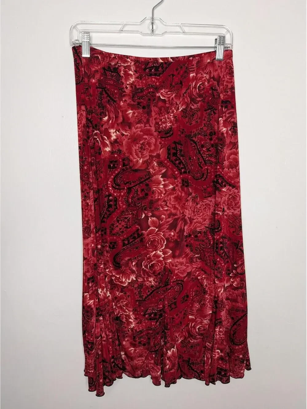 Susan Lawrence Skirt Womens L Red Floral Paisley Knit Long Ruffle Hem Boho USA